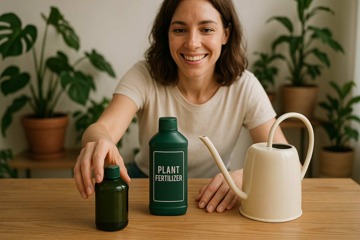 een fles plantenvoeding en een gieter op een houten tafel en een mevrouw die erachter staat en het op wilt pakken